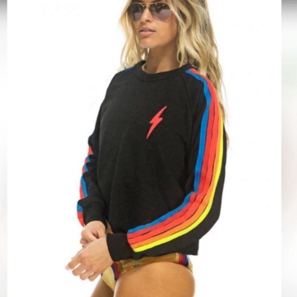 Aviator Nation Black Sweatshirt with Multicolor Stripes